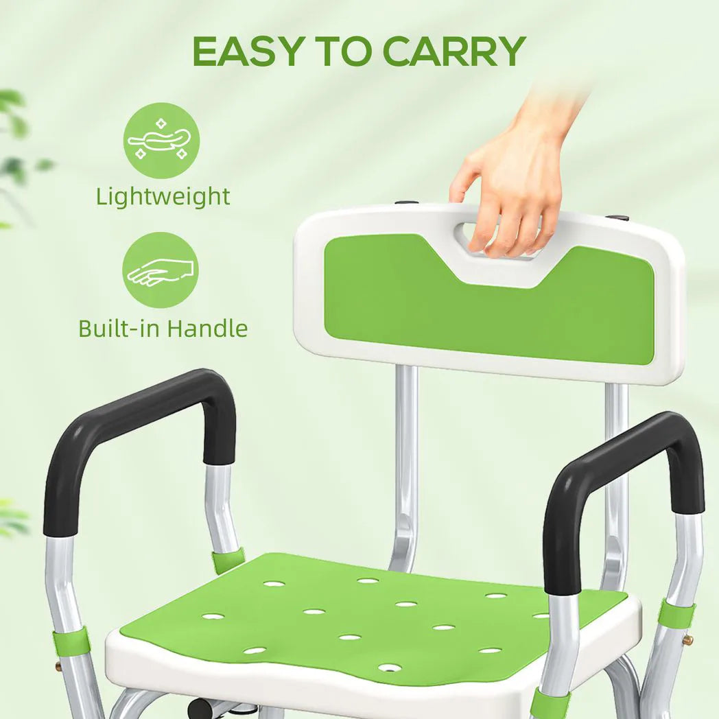 HOMCOM Height Adjustable Shower Chair with Back, Arms & Padded Seat – Bath Aid for Elderly and Disabled, Green