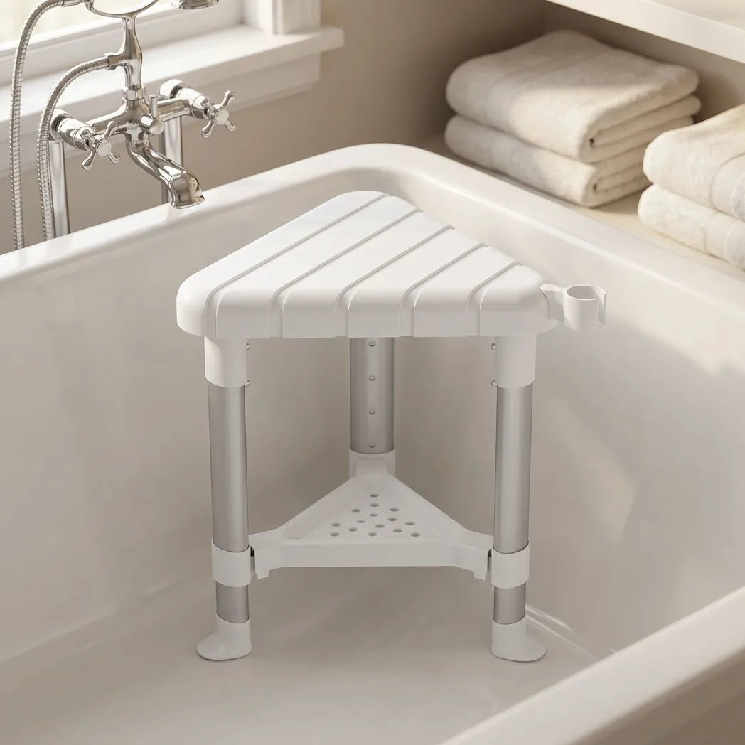 HOMCOM Corner Shower Stool with Storage Shelf, Aluminium Frame and HDPE Seat – Height Adjustable Chair, White