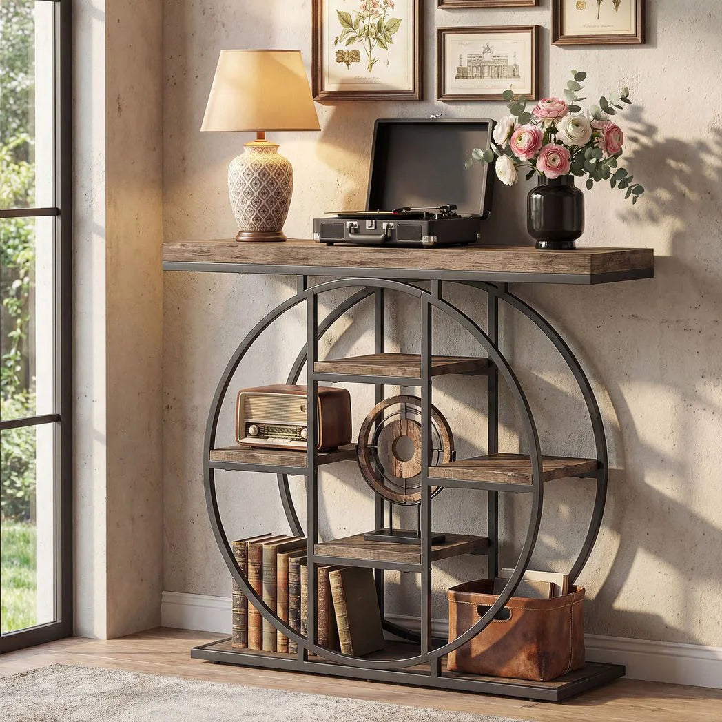 HOMCOM Industrial Console Table with 6 Open Shelves – Hallway Entryway Table with Metal Frame, Rustic Brown
