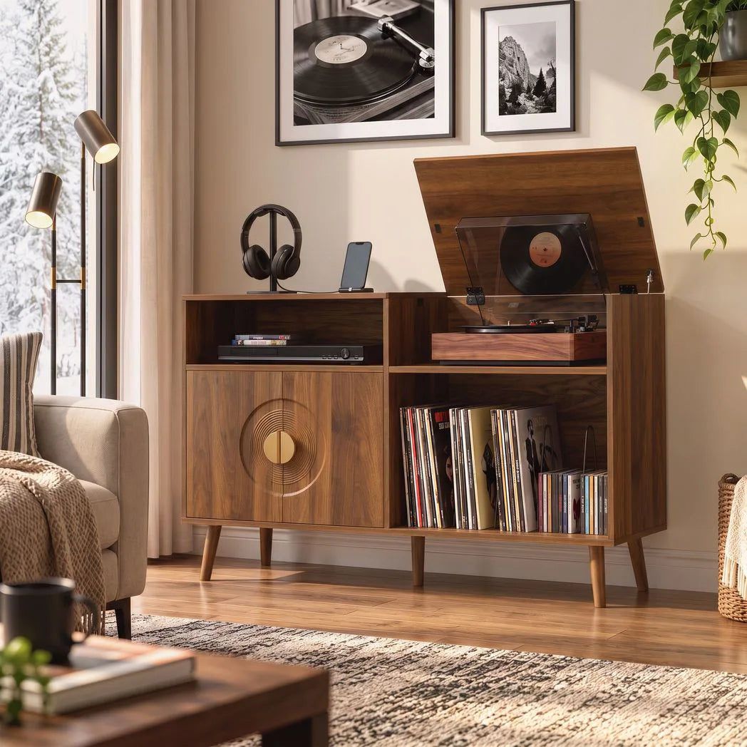 HOMCOM Record Player Stand with Vinyl Storage for up to 300 Albums – Flip-Top Compartment and Cabinet, Walnut