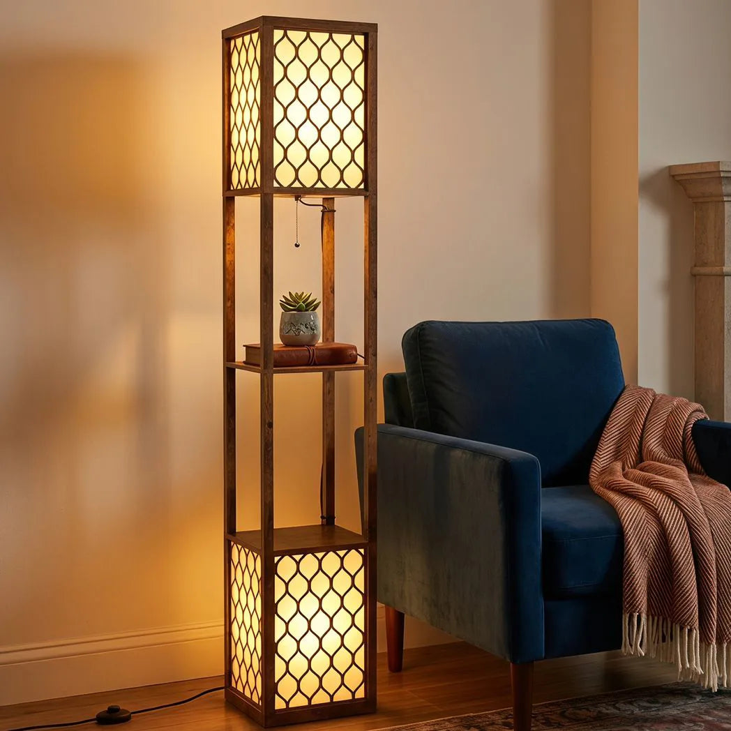 HOMCOM Duo Light Floor Lamp with 2 Storage Shelves – 160cm Standing Lamp and Display Unit, Rustic Brown