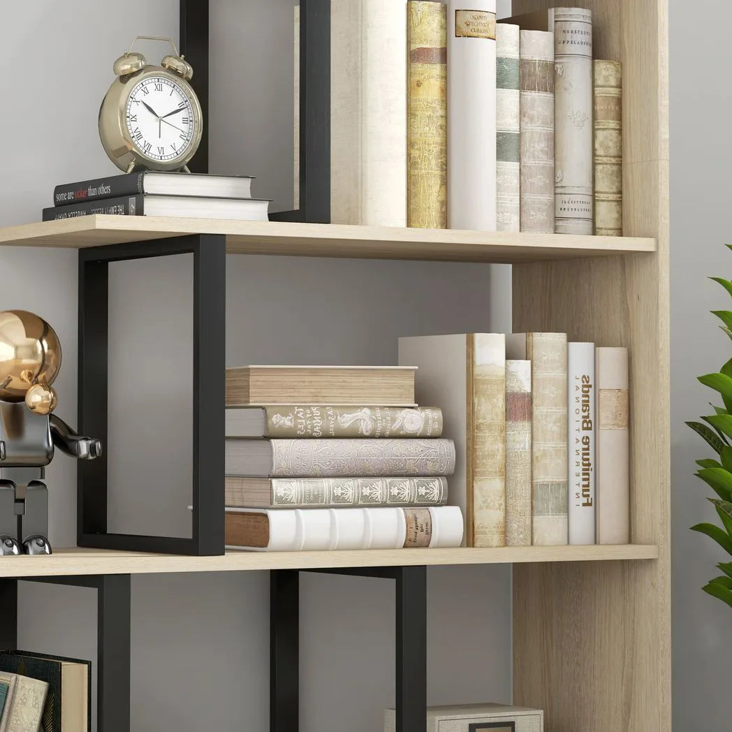 HOMCOM 5-Tier Ladder Bookcase with Anti-Tilt Device – Wooden Display Shelf Unit for Study and Living Room, Oak