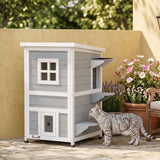 PawHut Wooden 2-Floor Outdoor Cat House with 3 Doors, Window and Asphalt Roof – Kitten Shelter, Grey