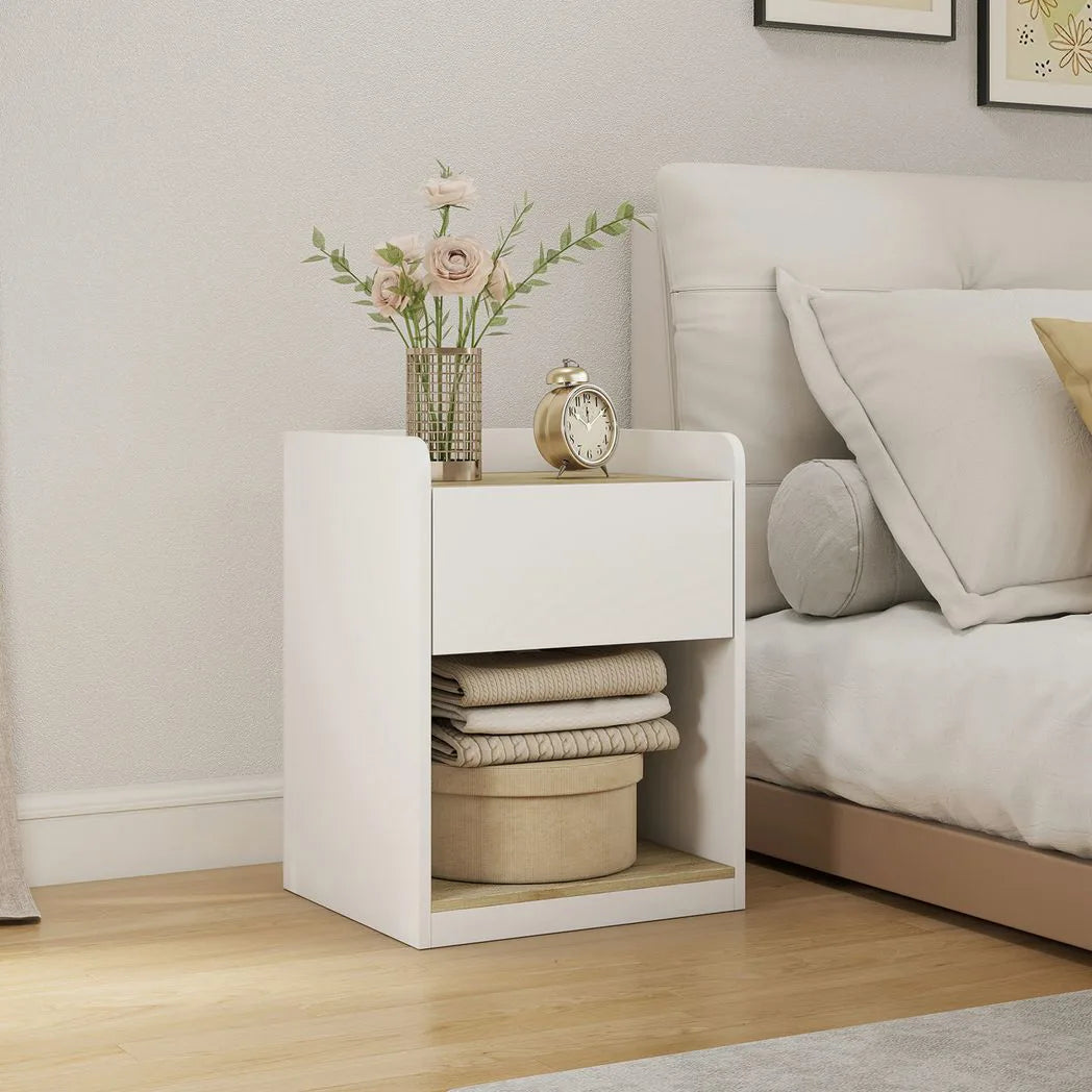 HOMCOM Slim Bedside Table with Drawer, Open Shelf and Cable Holes – Compact Nightstand, White and Oak