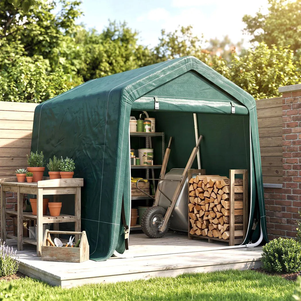 Outsunny 8 x 6.5 ft Portable Garden Storage Shed with Double Roll-up Zipper Door – Waterproof Bike Tent, Green