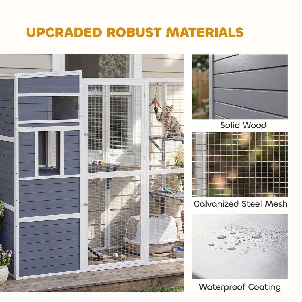 PawHut 4-Tier Wooden Catio Outdoor Cat Enclosure with Sun Roof, Resting Rooms, 3 Platforms & Window, Grey