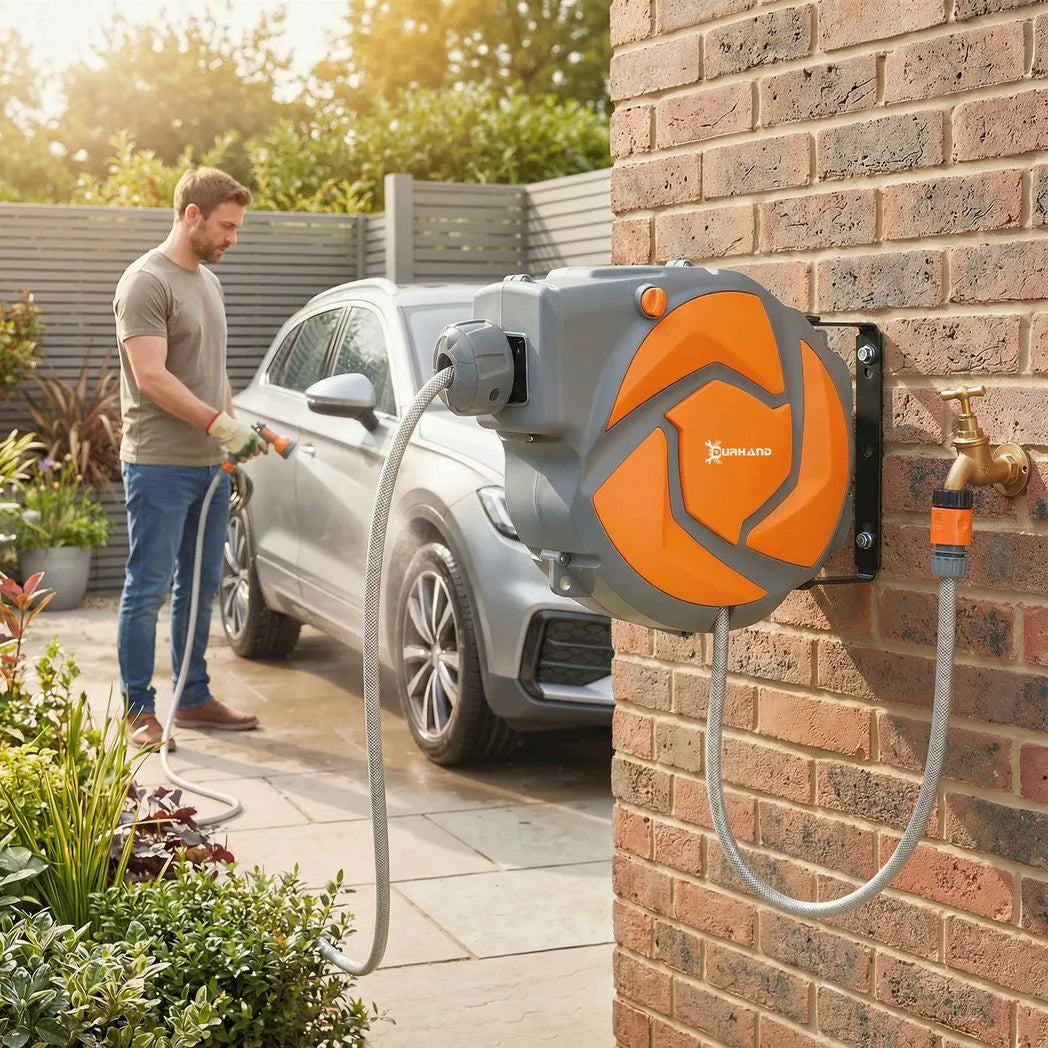 DURHAND 10m Wall-Mounted Auto-Rewind Garden Hose Reel with 7-Pattern Spray Nozzle, Orange