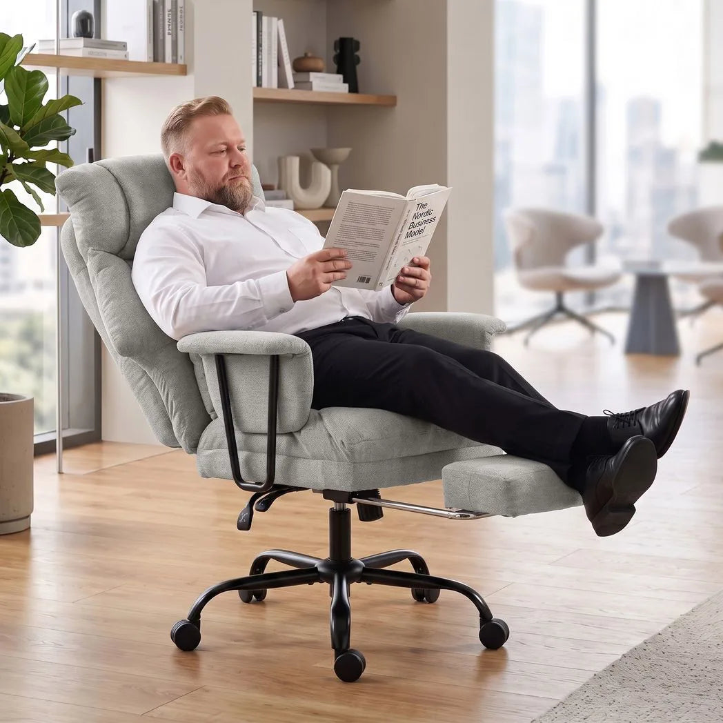 HOMCOM Heavy Duty Office Chair, 180kg Capacity, Linen-Look with Lumbar Support, Spring Cushion, Footrest, Grey