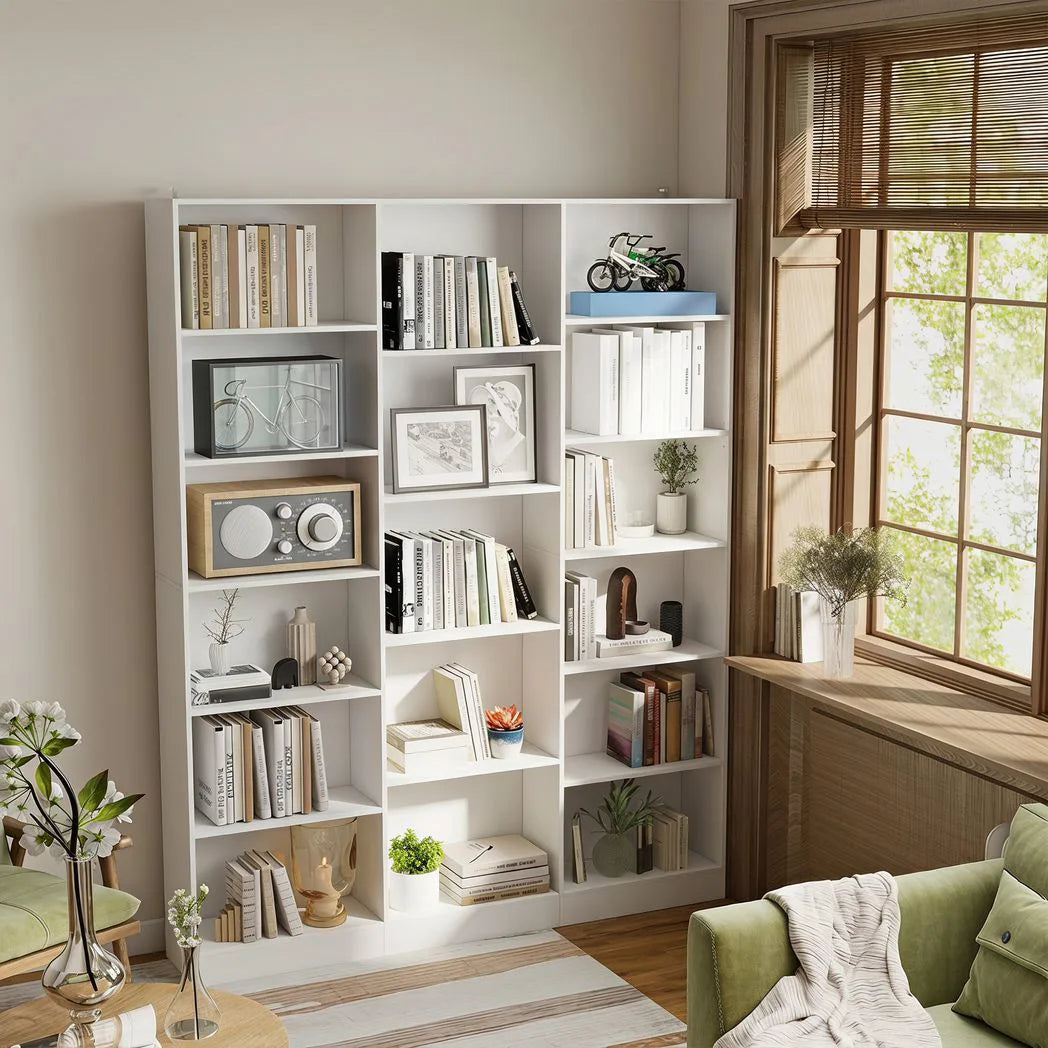 HOMCOM 17-Cube Tall Bookcase with Adjustable Shelves & Anti-Tipping Hardware – Open Storage Bookshelf, White