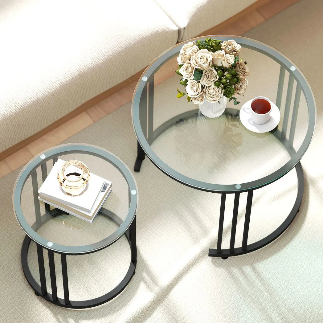 HOMCOM Round Nesting Coffee Tables Set of 2 – Tempered Glass Tops, Steel Frame, Art Deco Style, Black