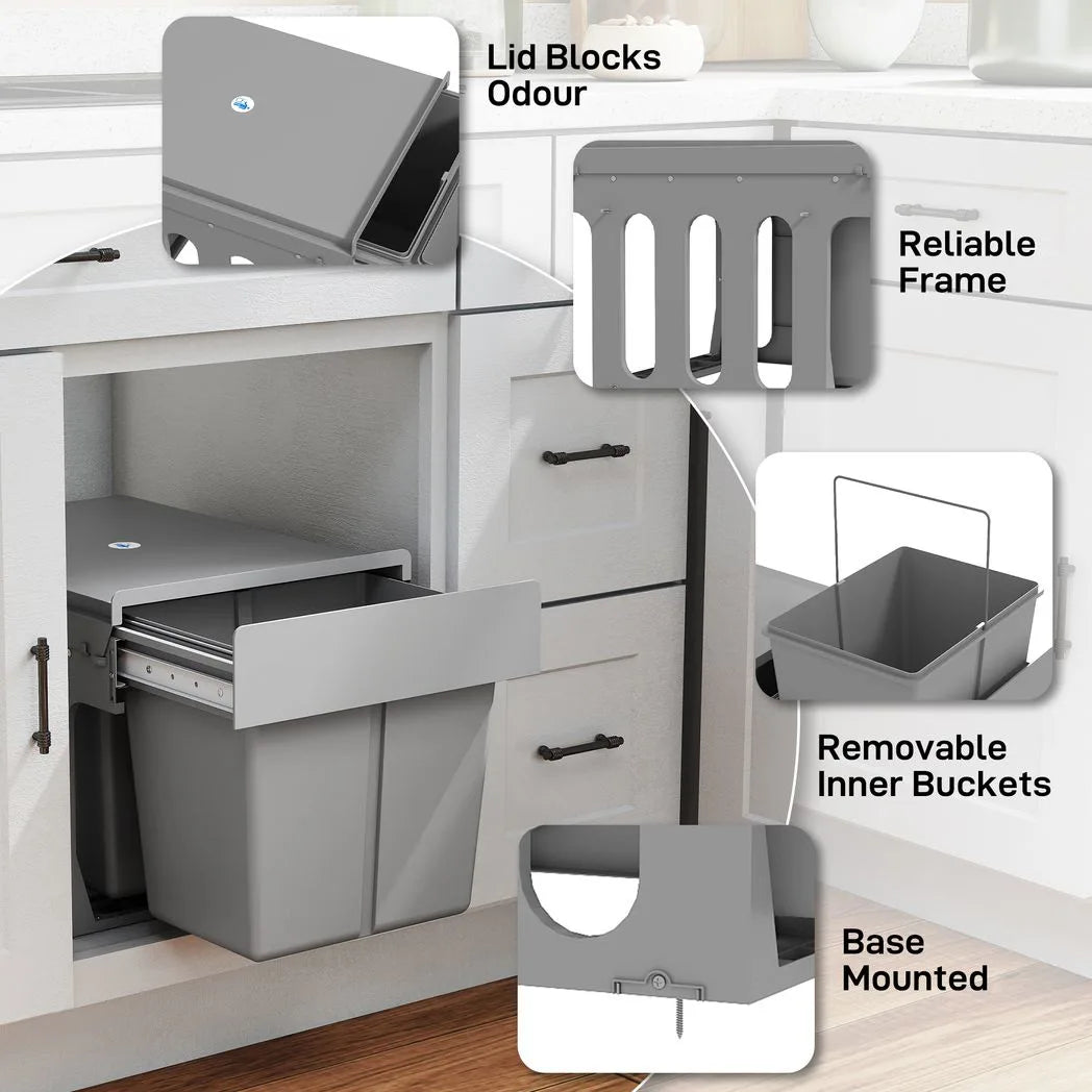 HOMCOM Under Sink Pull Out Bin with 2 x 15L Removable Compartments – Soft-Close Waste Bin, Light Grey