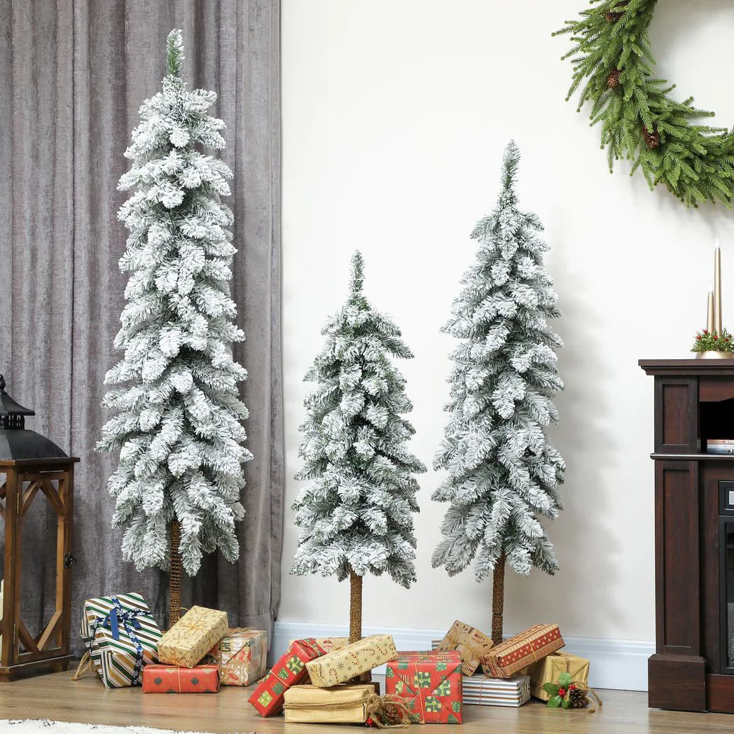 HOMCOM Flocked Pencil Christmas Trees, Set of 3 – 3ft, 4ft and 5ft Slim Snowy Artificial Trees