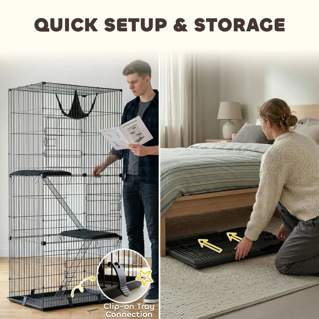 PawHut 3-Tier Large Cat Cage with Hammock, Platforms, Tray and Cushions – Detachable Metal Kennel for 1–2 Cats