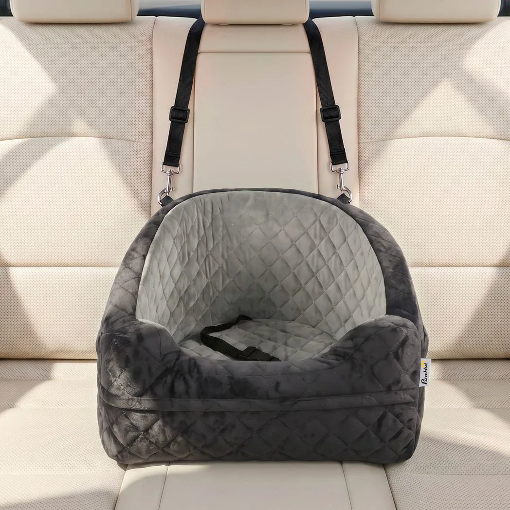 PawHut Dog Car Booster Seat with Thick Cushion, Seat Belt and Pockets – Small Dogs Under 10 kg, Grey