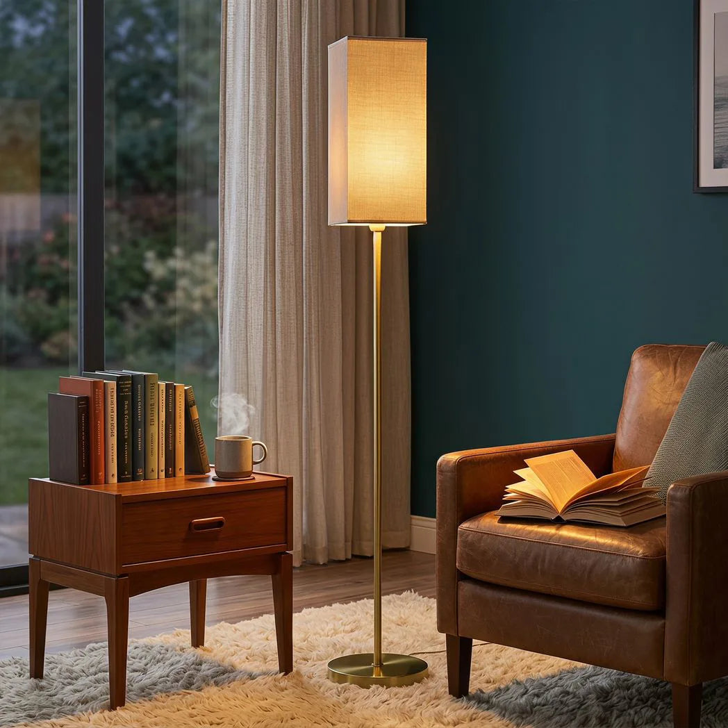 HOMCOM Floor Lamp with Linen Shade and Foot Switch – Modern Tall Standing Lamp for Bedroom, Gold Tone