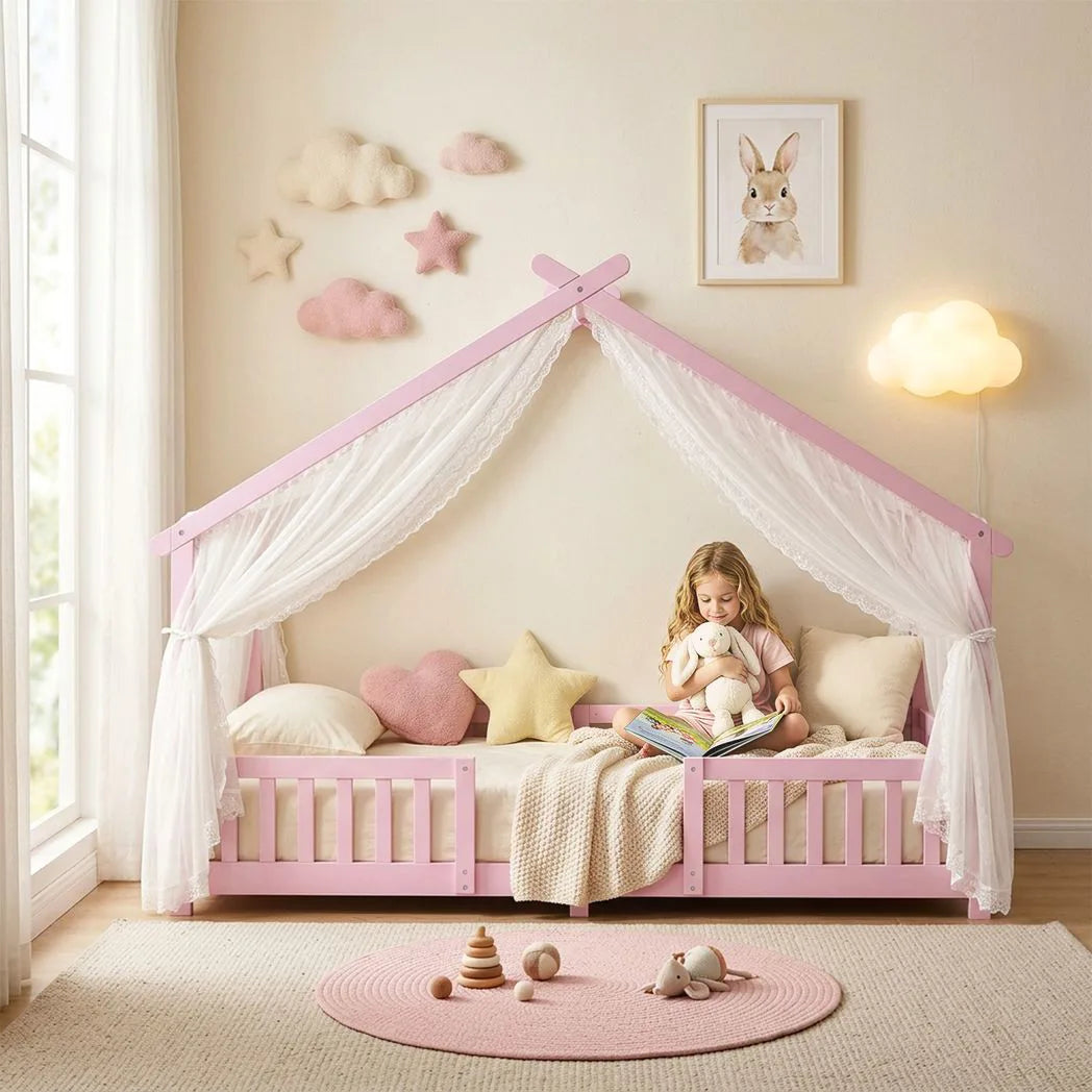 AIYAPLAY Wooden House Kids Single Bed with Dual Guardrails – Solid Pine, Pink, Fits 90 x 200 cm Mattress
