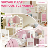 AIYAPLAY Kids Dressing Table and Stool Set with 2-Colour LED Lights, Tri-Folding Mirror and Side Pocket, White