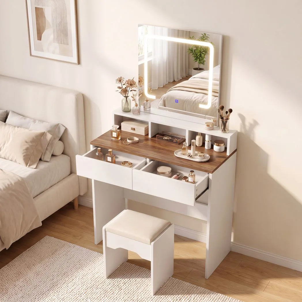 HOMCOM Dressing Table with LED Mirror, 2 Drawers & 3 Compartments – 3 Colour Lighting Makeup Vanity, Walnut
