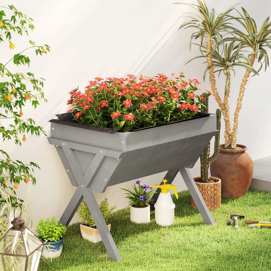 Outsunny Wooden Raised Garden Bed with Legs and Bed Liner – Elevated Fir Wood Planter Box, 178L, Light Grey