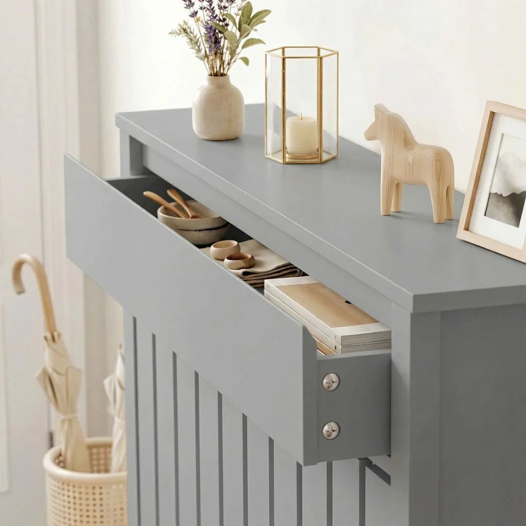 HOMCOM Rustic-Look Radiator Cover with Top Drawer, 93 x 88.5cm – Slimline Heater Guard, Grey