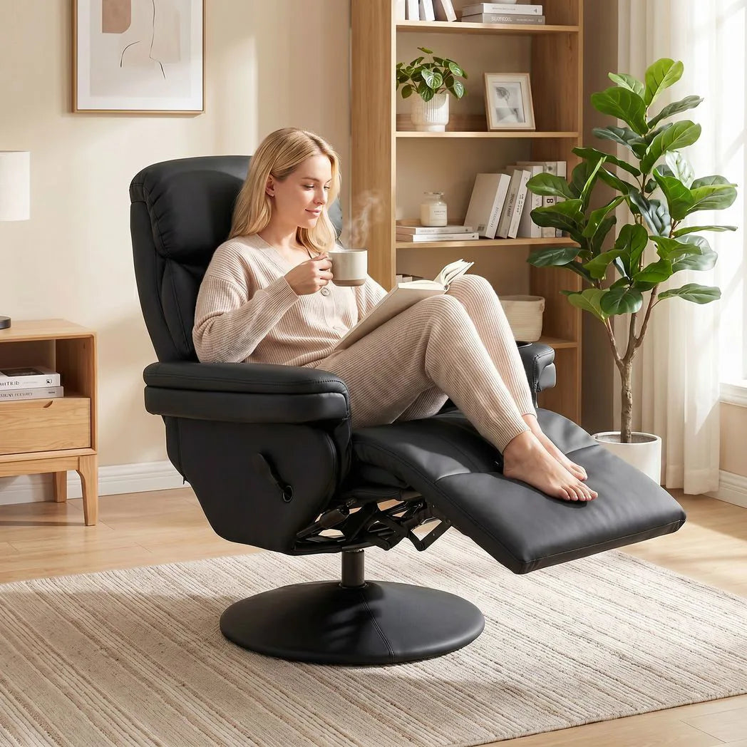 HOMCOM PU Leather Manual Recliner Armchair with 360° Swivel, Footrest and Cup Holder – Living Room Chair, Black