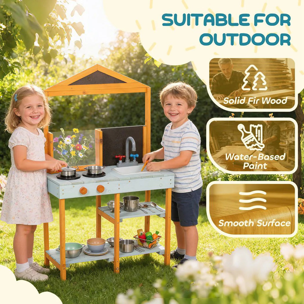 AIYAPLAY Outdoor Wooden Mud Kitchen for Kids with Sink, Stove, Cookware & Shelves – Pretend Play Toy, Ages 3-8