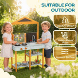 AIYAPLAY Outdoor Wooden Mud Kitchen for Kids with Sink, Stove, Cookware & Shelves – Pretend Play Toy, Ages 3-8