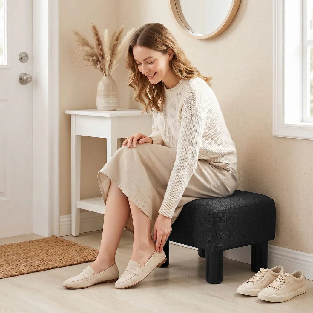 HOMCOM Linen Fabric Footstool Ottoman Cube with 4 Plastic Legs – Padded Bedroom Stool, Black