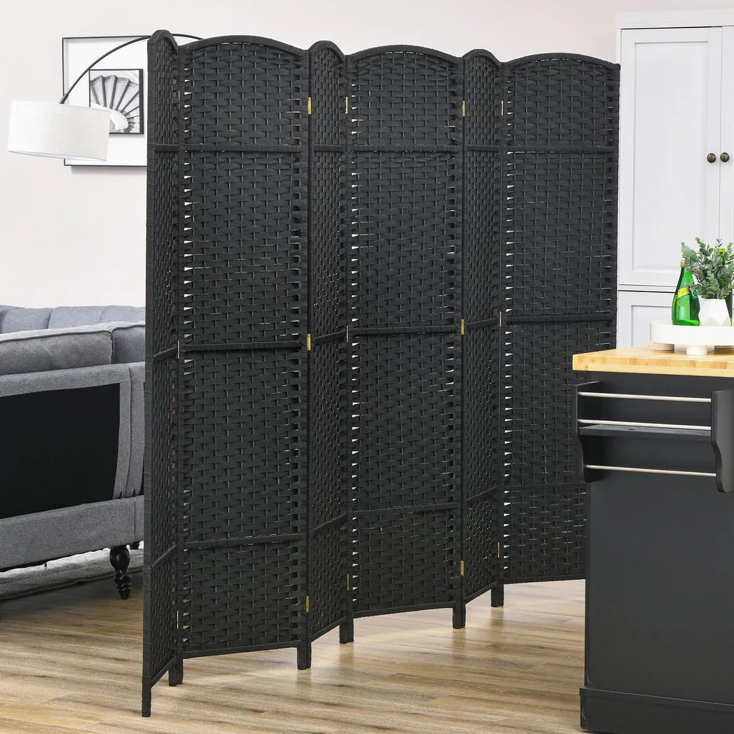 HOMCOM 6 Panel Folding Room Divider – Hand-Woven Style Privacy Screen, 240 x 170cm, Black