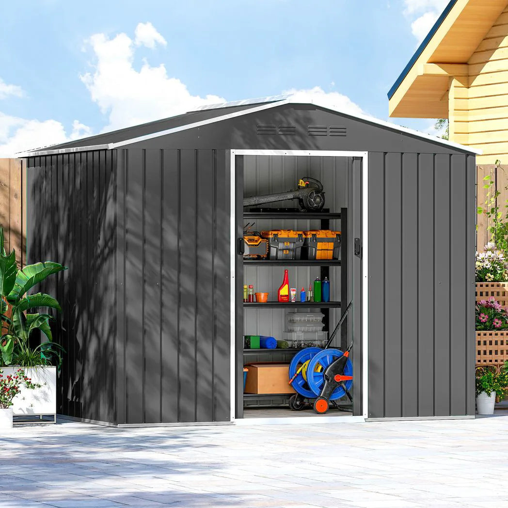 Outsunny 8 x 6ft Galvanised Steel Garden Shed with Lockable Sliding Double Doors and Vents, Dark Grey