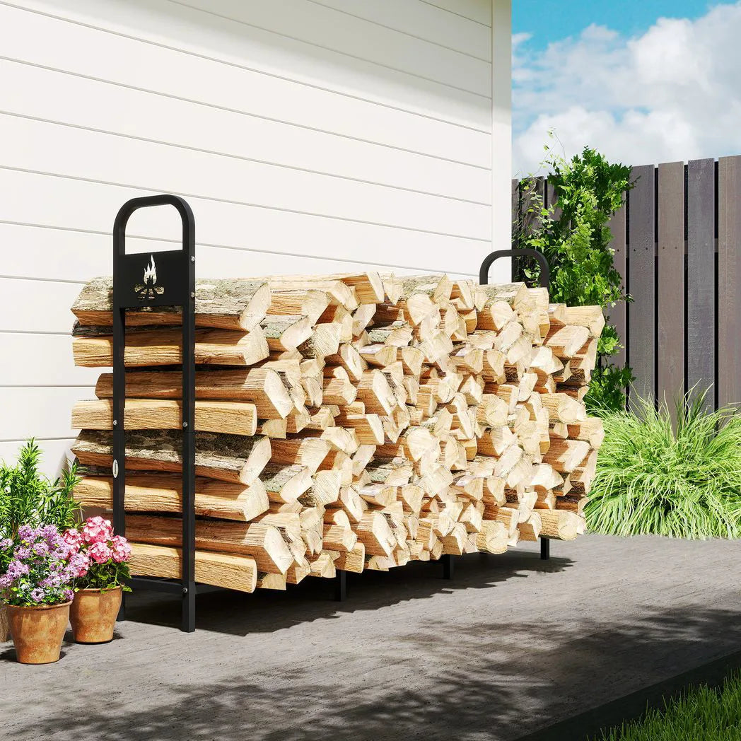 Outsunny 6.5ft Heavy Duty Steel Firewood Log Rack with Bonfire Pattern, 300kg Capacity, Black