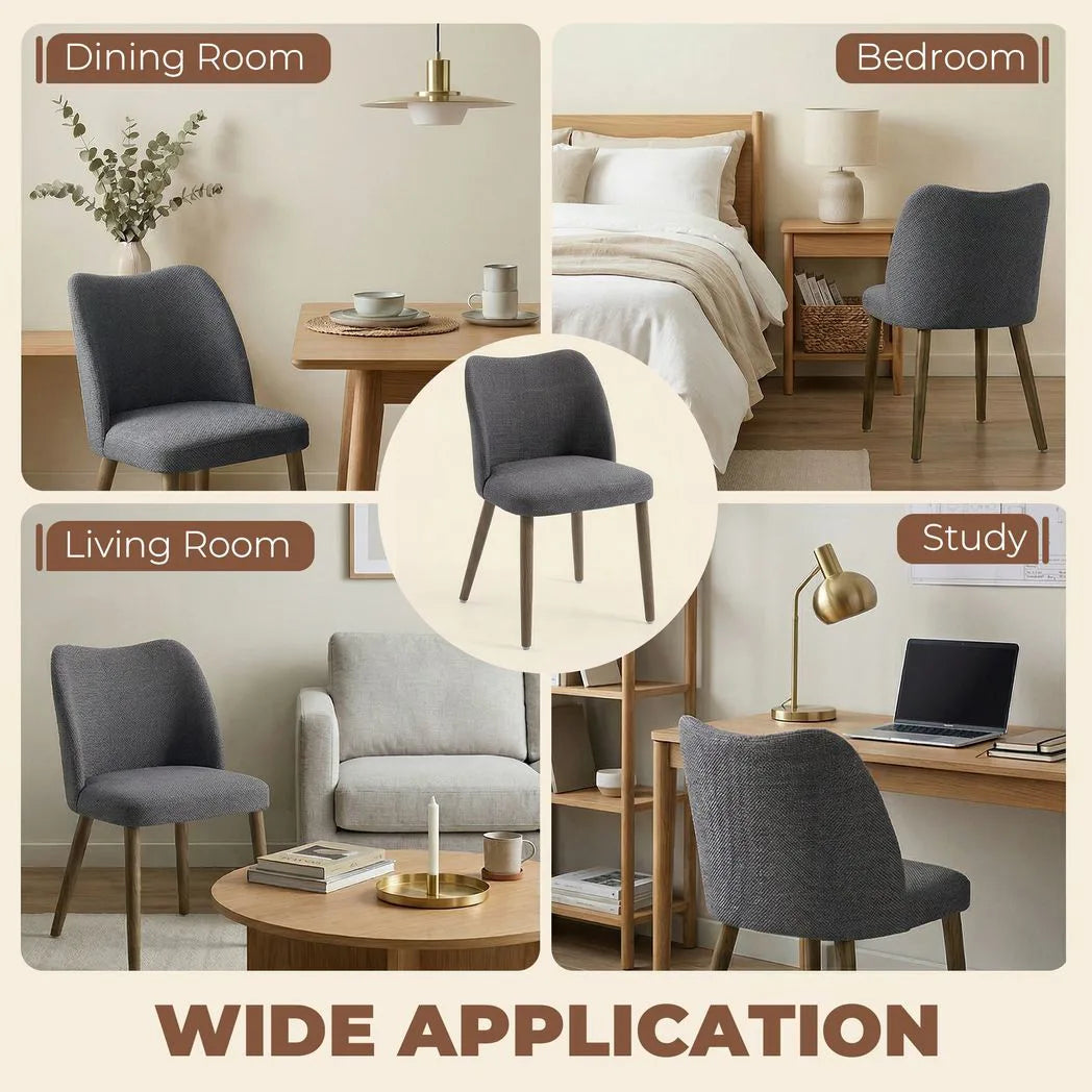 HOMCOM Set of 2 Linen Dining Chairs with Curved Backrest & Rubberwood Legs – Padded Kitchen Chairs, Dark Grey