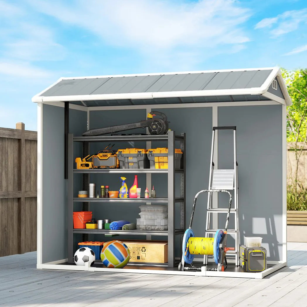Outsunny 8 x 4 ft Plastic Garden Shed with Floor, Windows, Vents and Lockable Doors – Outdoor Storage, Light Grey