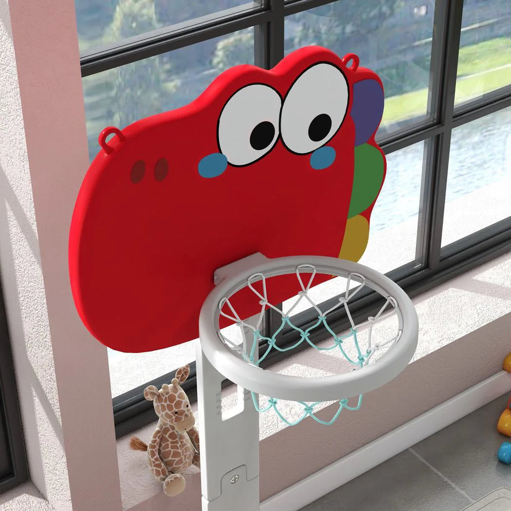 AIYAPLAY 5-in-1 Dinosaur Basketball Set with Adjustable Stand, Golf & Ring Toss – Indoor Kids Sports Toy, Red