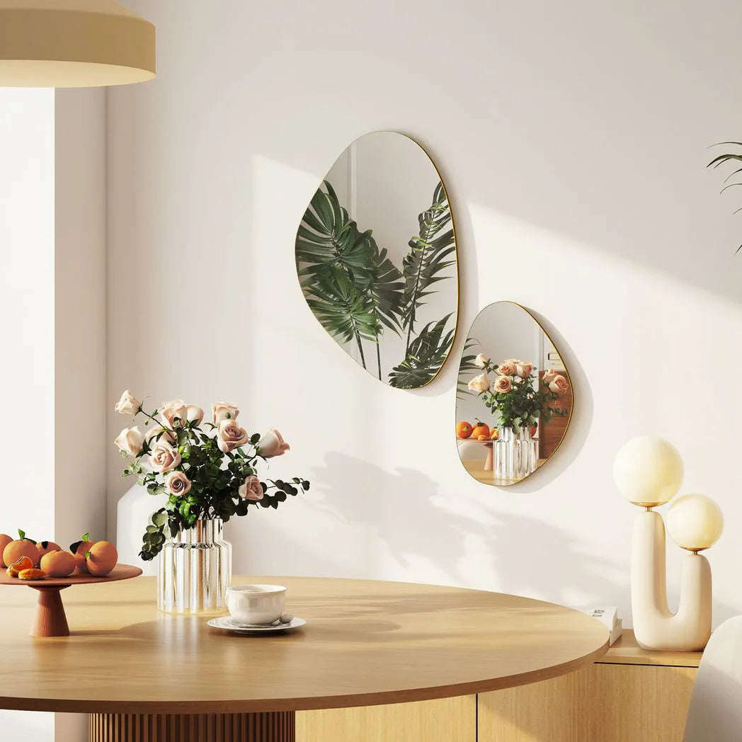 HOMCOM Set of 2 Pebble-Shaped Wall Mirror – Gold Tone