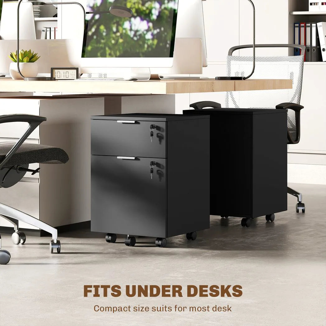 HOMCOM Two-Drawer Lockable Filing Cabinet with Wheels and Brakes – Under Desk Office Storage, Black