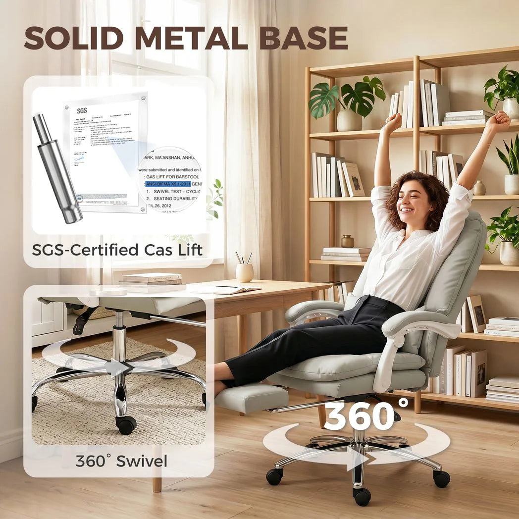 HOMCOM Executive Office Chair with 155° Recline, Footrest & Lumbar Pillow – PU Leather, Khaki