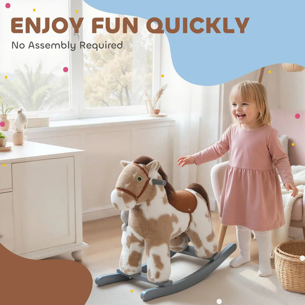AIYAPLAY Baby Rocking Horse with Realistic Sounds & Bunny Toy – Plush Ride-On Animal Rocker for Ages 2-5, Brown