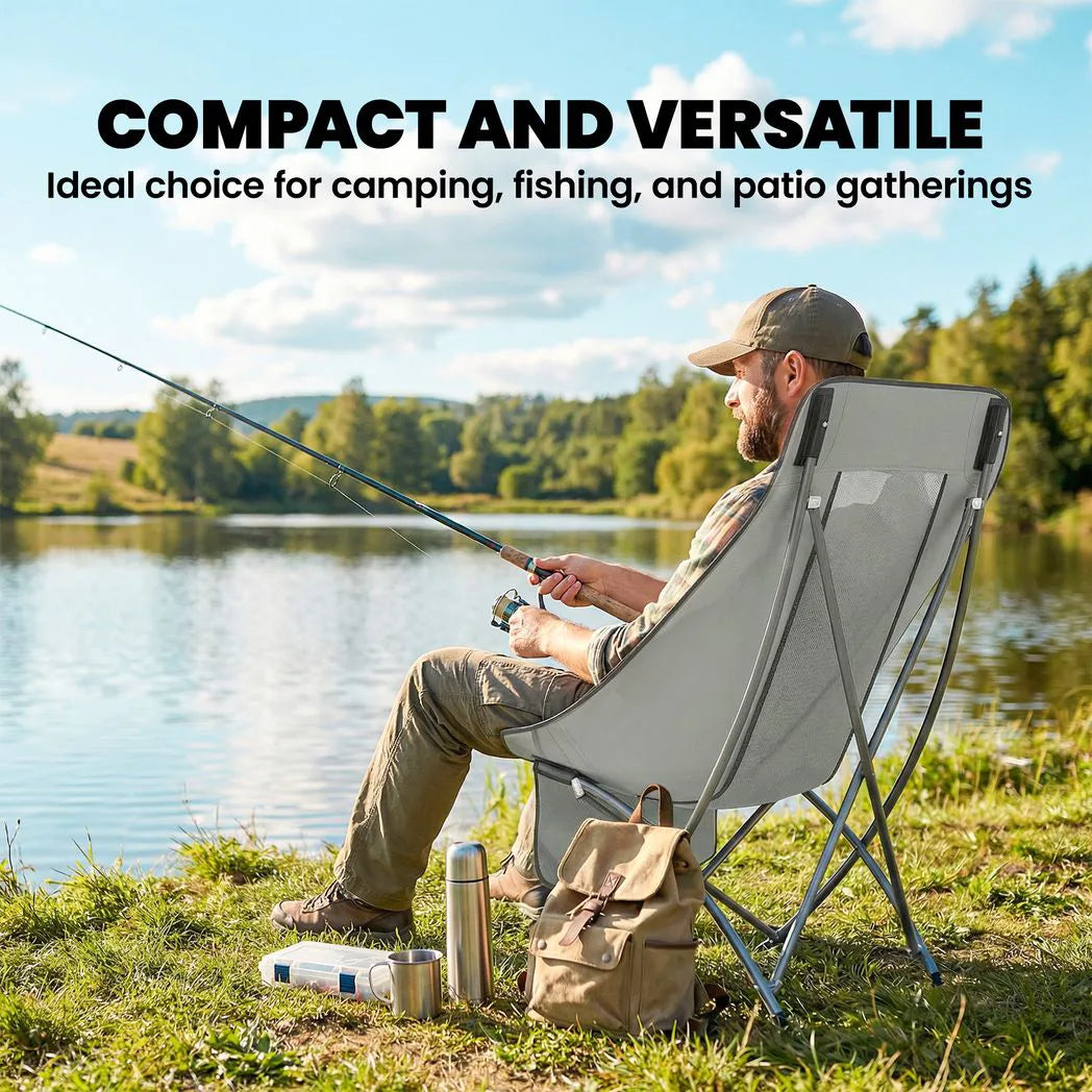 Outsunny Folding Moon Chair with Side Pocket & Carry Bag – Heavy Duty Camping Chair for Adults, Light Grey