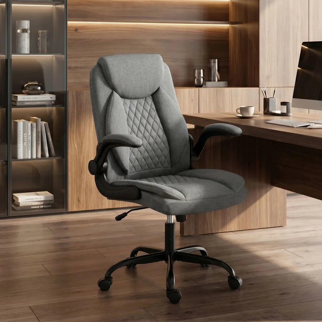 HOMCOM Linen-Look Executive Office Chair with Flip-Up Armrests & Thick Cushion – Computer Desk Chair, Grey