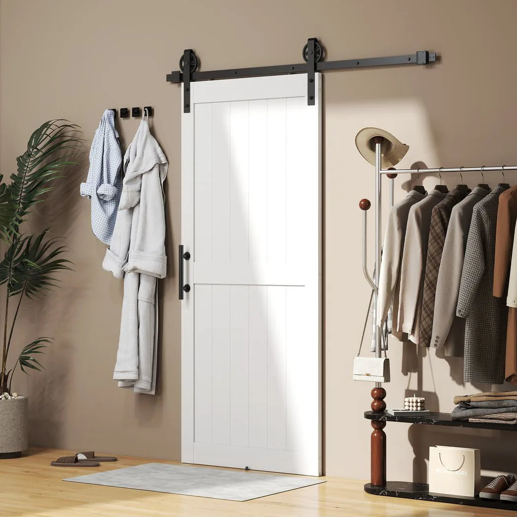 HOMCOM 183cm Sliding Barn Door Kit with Track, Rollers, Floor Guide and Handle – Space-Saving PVC-Coated Door, White