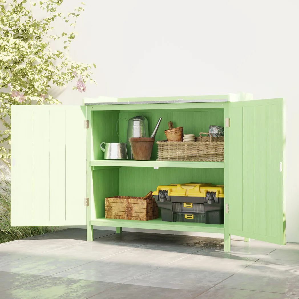 Outsunny Wooden Garden Storage Cabinet with Galvanised Top – 2-in-1 Potting Bench and Tool Shed, Green