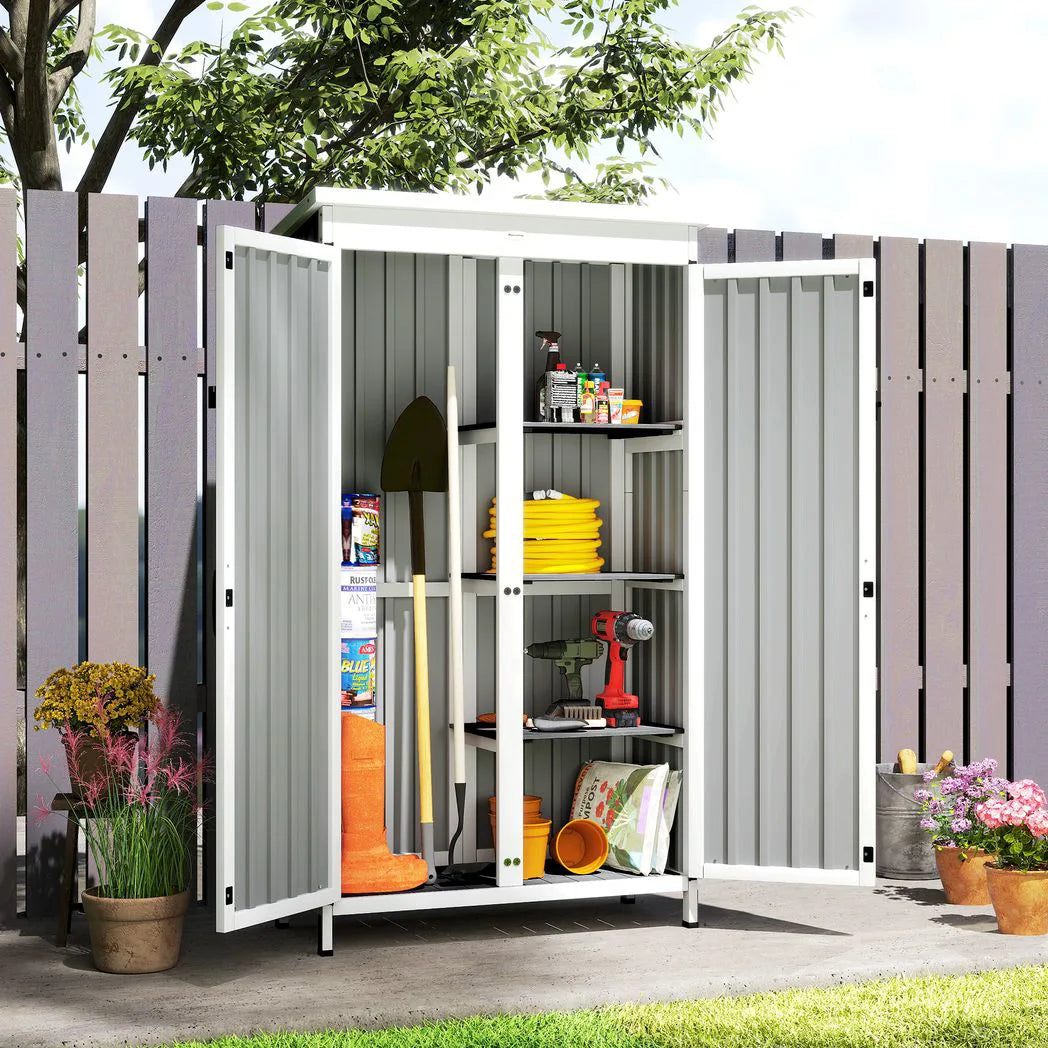 Outsunny Outdoor Storage Cabinet with 3 Removable Shelves and Asphalt Roof – Wood and Steel Garden Tool Shed, White and Black