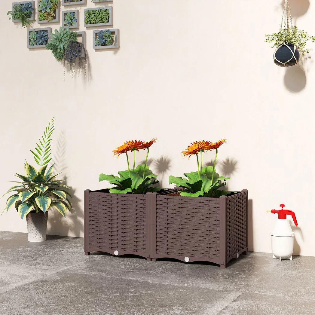 Outsunny Self-Watering Raised Garden Bed with Legs – Rattan-Effect Plastic Planter Boxes, 80 x 40cm