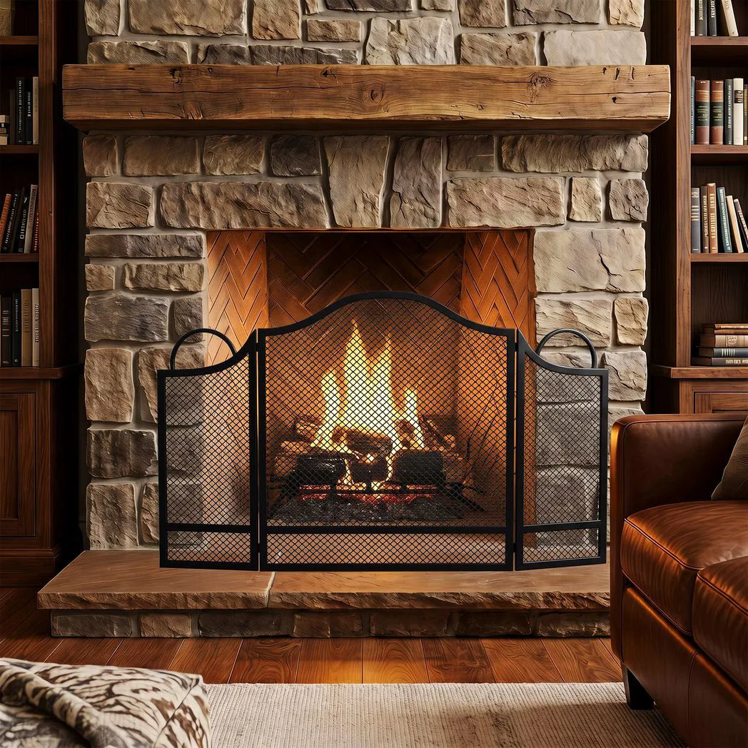 HOMCOM Floral 3-Panel Folding Fireplace Screen – Heat-Resistant Metal Spark Guard for Hearth Protection, Black