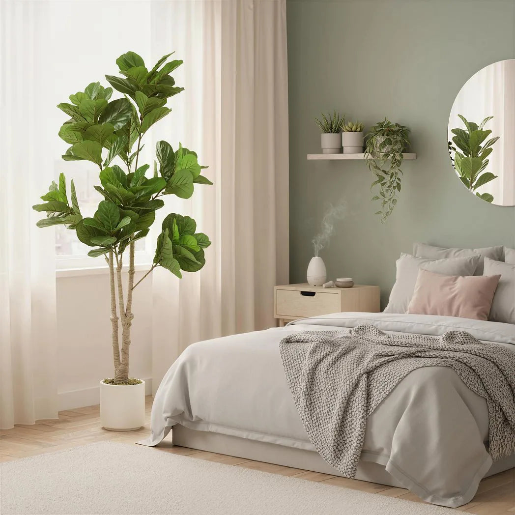 HOMCOM 180cm Artificial Fiddle Leaf Fig Tree with 98 Leaves and White Pot – Lifelike Faux Plant, Green