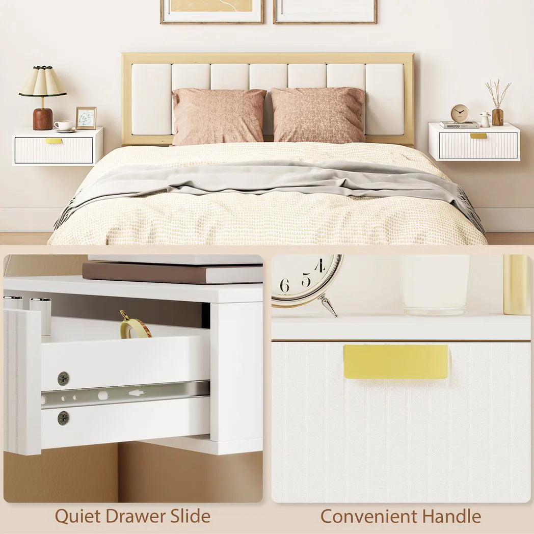 HOMCOM Floating Bedside Tables, Set of 2 Wall Mounted Nightstands with Wave Drawer, White