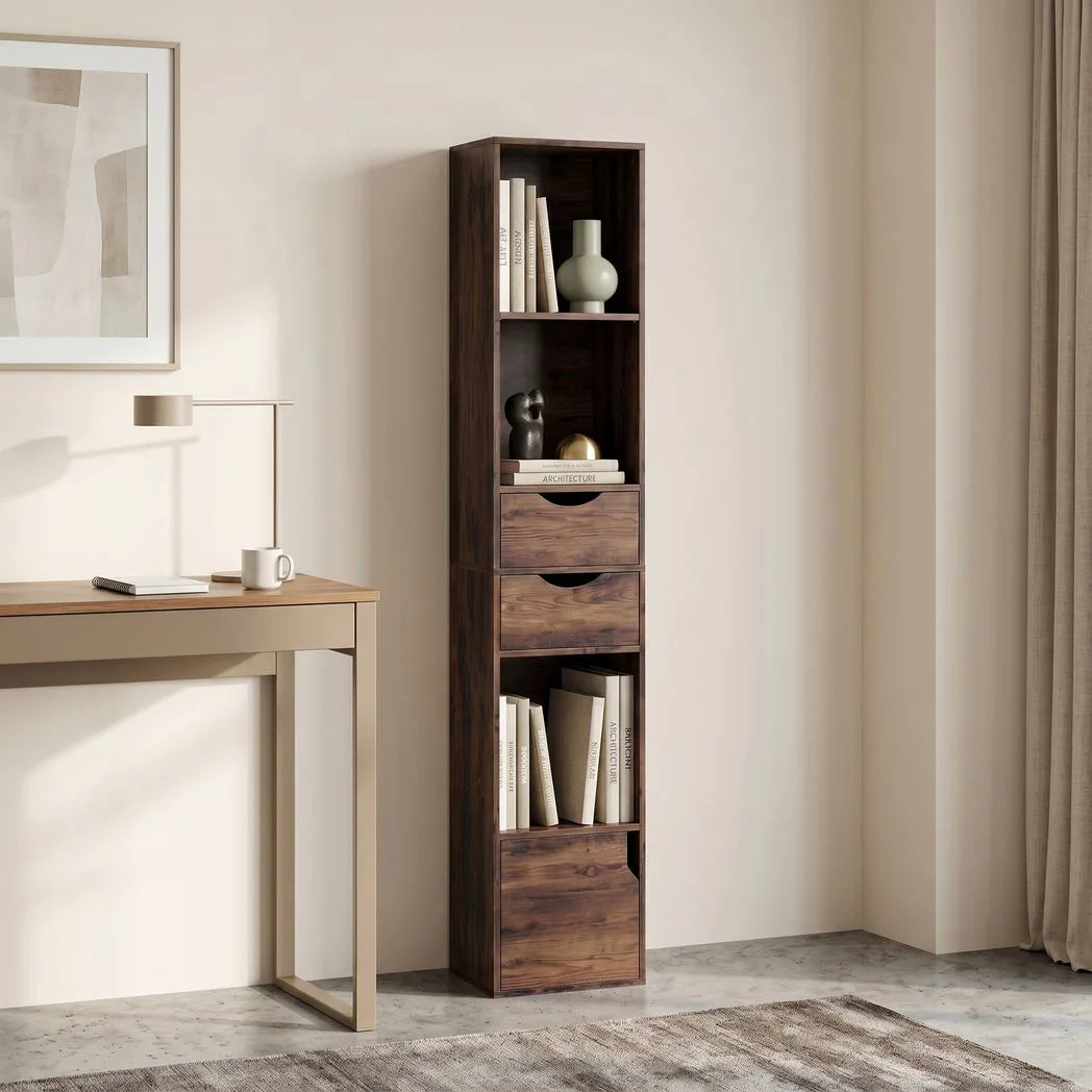 HOMCOM 158 cm Slim Bookcase with 2 Drawers, Cabinet and Adjustable Shelf – Rustic Brown