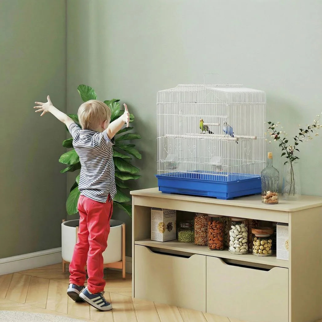 PawHut Large Metal Bird Cage with Perches, Feeders and Swing – For Budgies, Parakeets and Finches, Blue