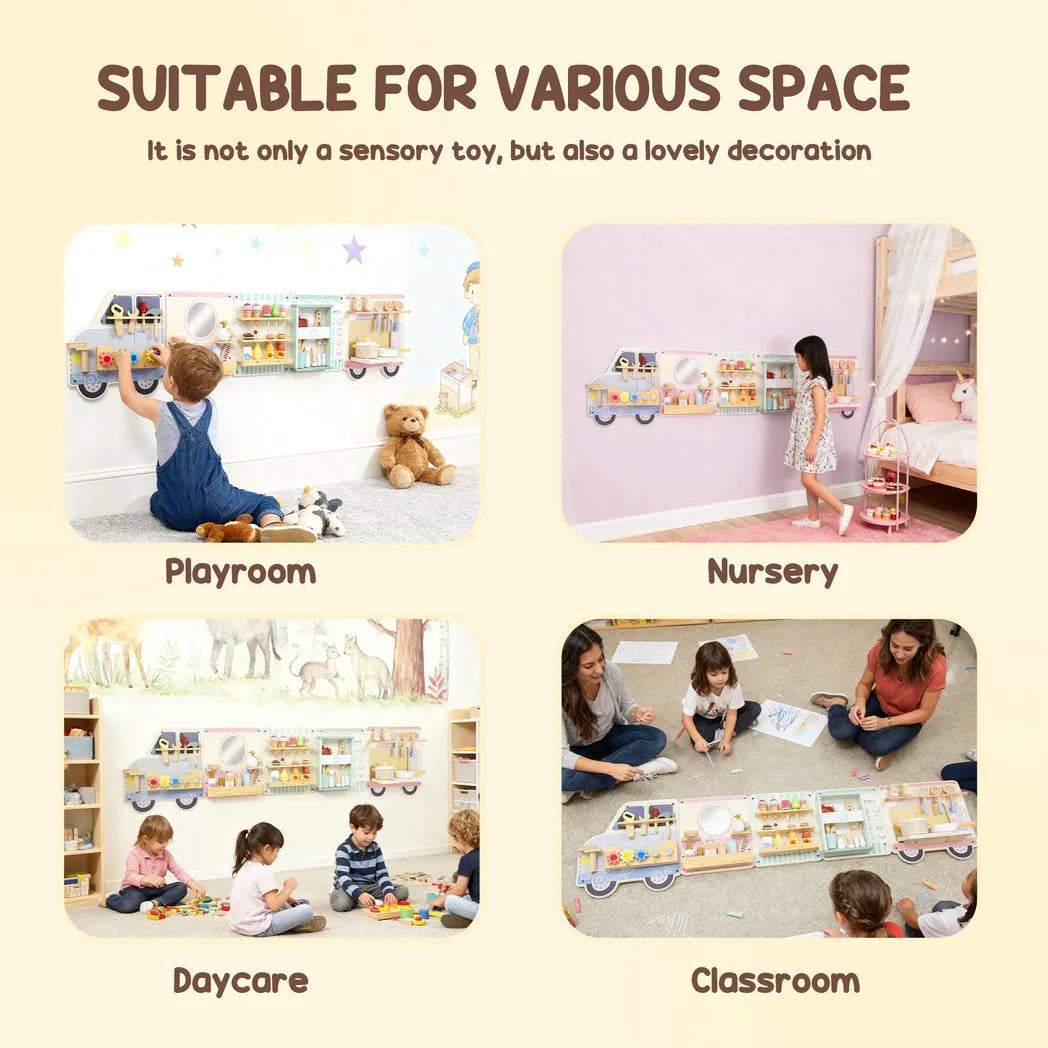 AIYAPLAY Wooden Busy Board with 5 Role Play Scenes – Wall Mounted Activity Panels for Kids, Truck Design